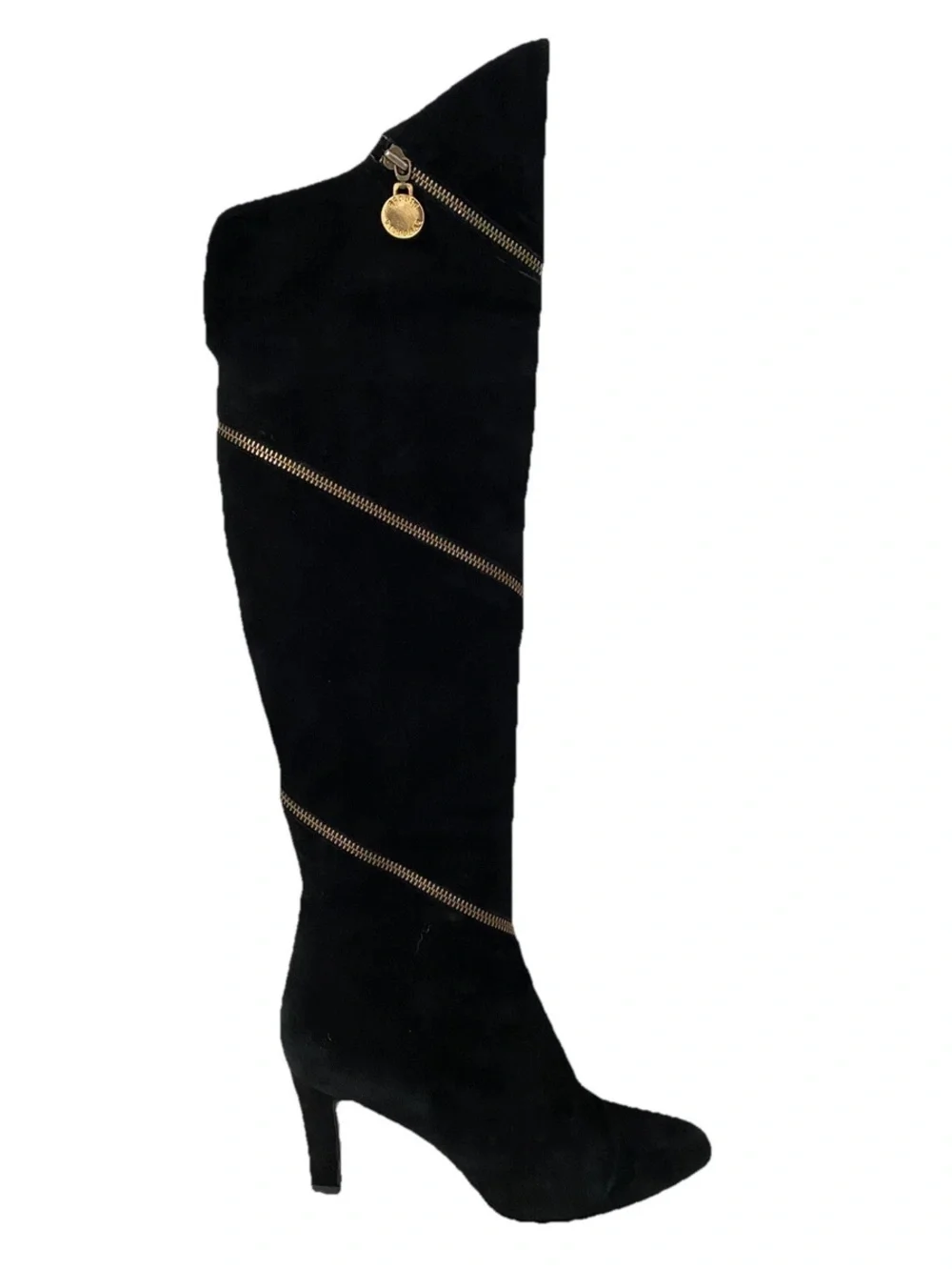 STUAR WEITZMAN Vintage Black Over-the-Knee Suede Boots w/ Gold Zipper Trim - 6.5
